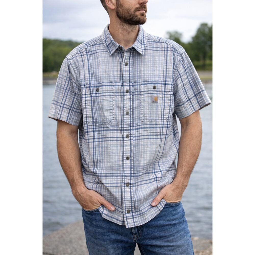 Carhartt Rugged Flex Relaxed Fit Plaid Short Sleeve Shirt M Blue White Button Up